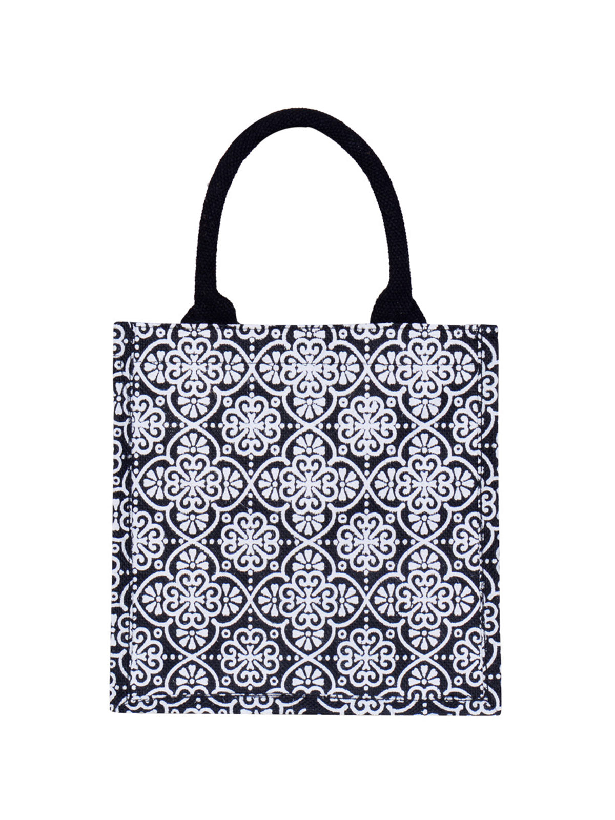 JUTE COTTAGE MUGHAL PRINT ZIPPER LUNCH BAG, SUSTAINABLE, ECO-FRIENDLY, 100% GENUINE JUTE, STYLISH (BLACK 10X10X7)