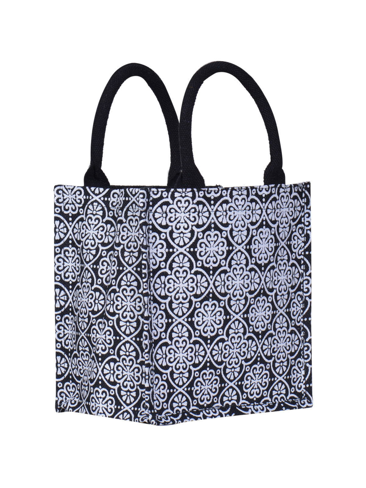 JUTE COTTAGE MUGHAL PRINT ZIPPER LUNCH BAG, SUSTAINABLE, ECO-FRIENDLY, 100% GENUINE JUTE, STYLISH (BLACK 10X10X7)