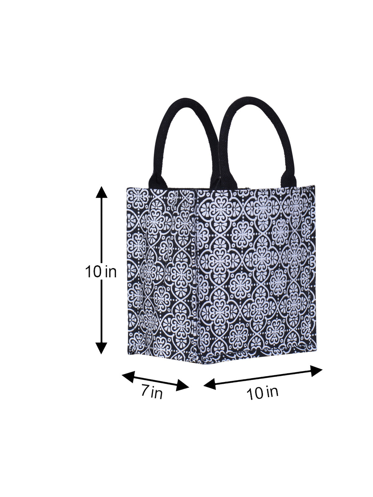 JUTE COTTAGE MUGHAL PRINT ZIPPER LUNCH BAG, SUSTAINABLE, ECO-FRIENDLY, 100% GENUINE JUTE, STYLISH (BLACK 10X10X7)