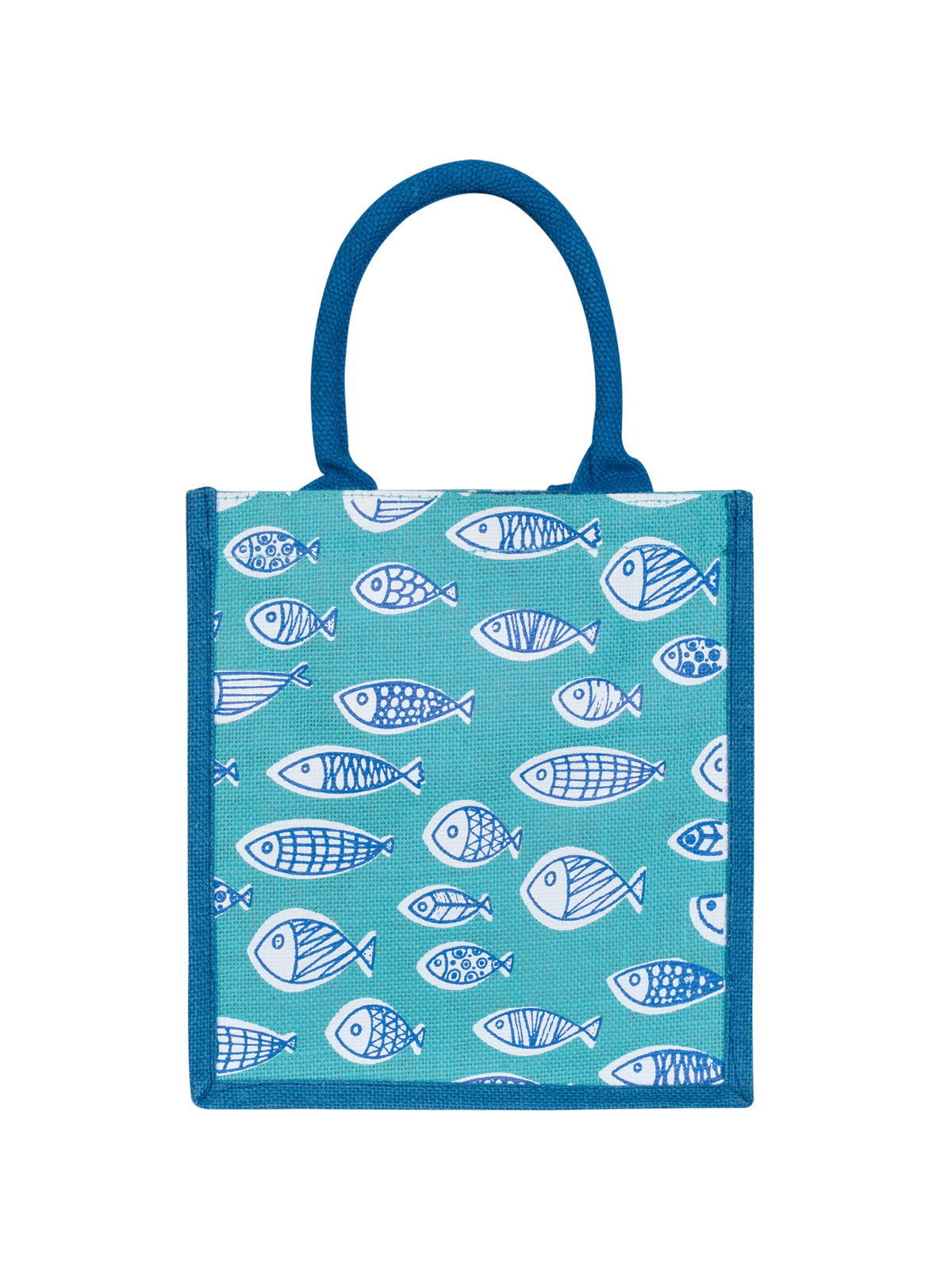 JUTE COTTAGE FISH PRINT ZIPPER LUNCH BAG, SUSTAINABLE, ECO-FRIENDLY, 100% GENUINE JUTE, STYLISH (BRIGHT BLUE 11X10X7)