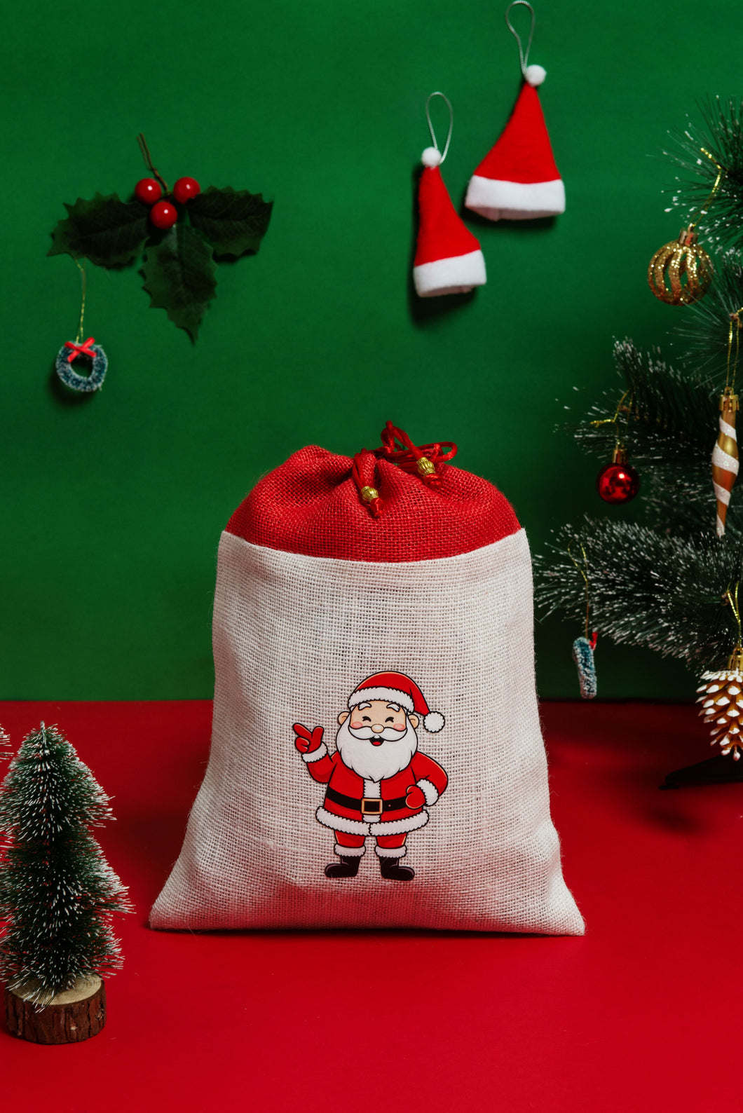 12 X 9 SANTA CLAUS CHRISTMAS STRING POUCH (A-196-WHITE/RED)