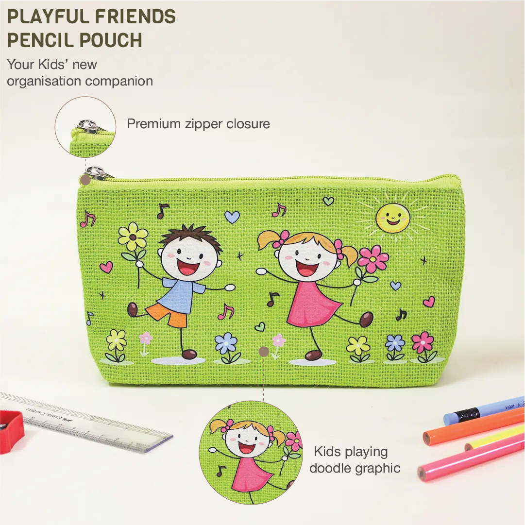 Playful Friends Jute Pencil Pouch