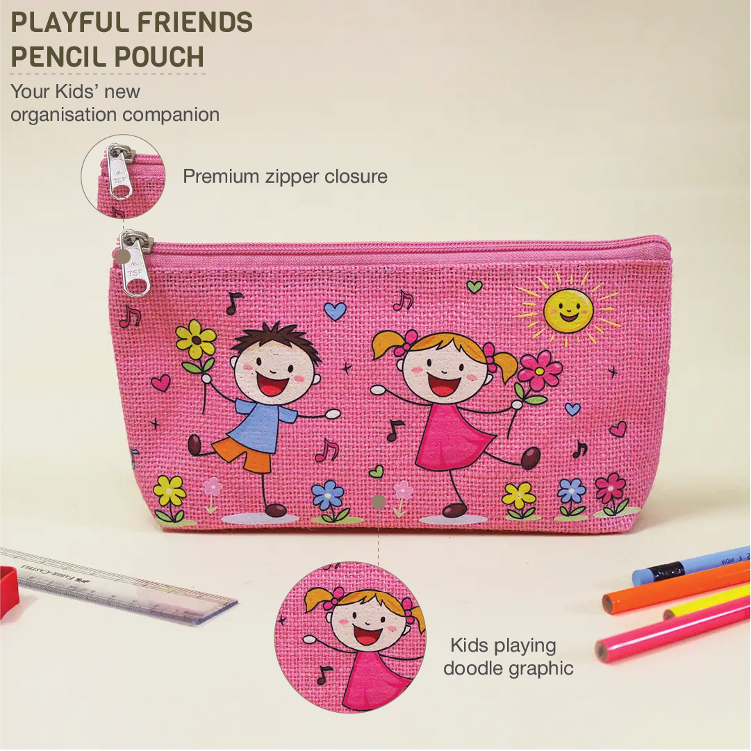 Playful Friends Jute Pencil Pouch
