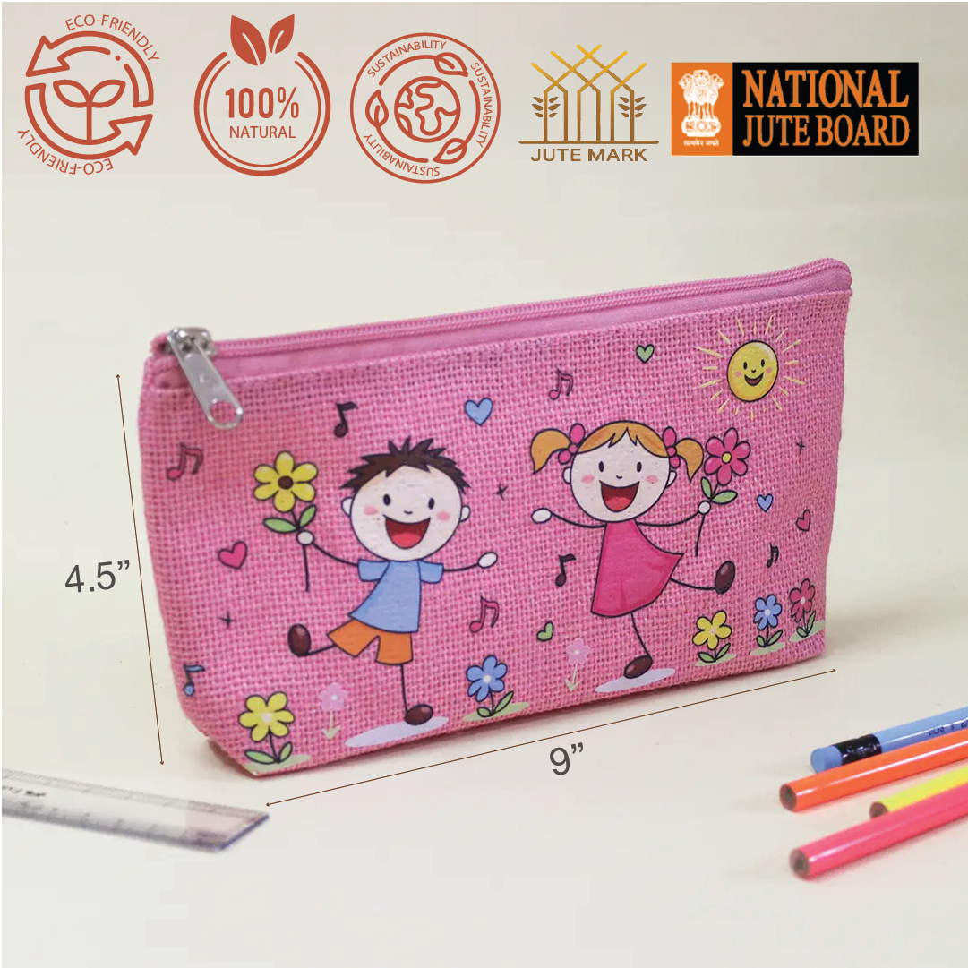 Playful Friends Jute Pencil Pouch