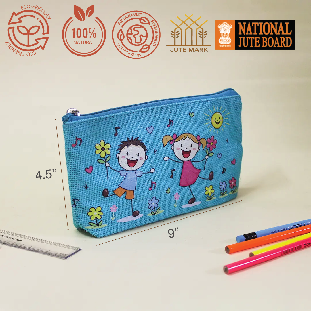 Playful Friends Jute Pencil Pouch