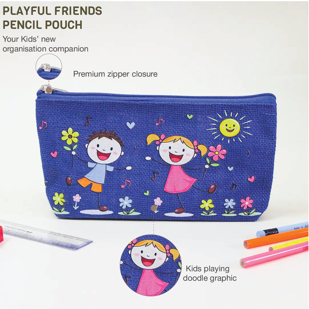 Playful Friends Jute Pencil Pouch