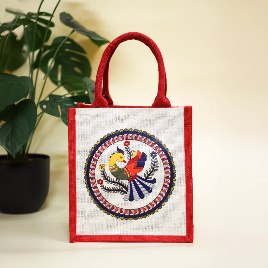 Madhubani Peacock Jute lunch bag