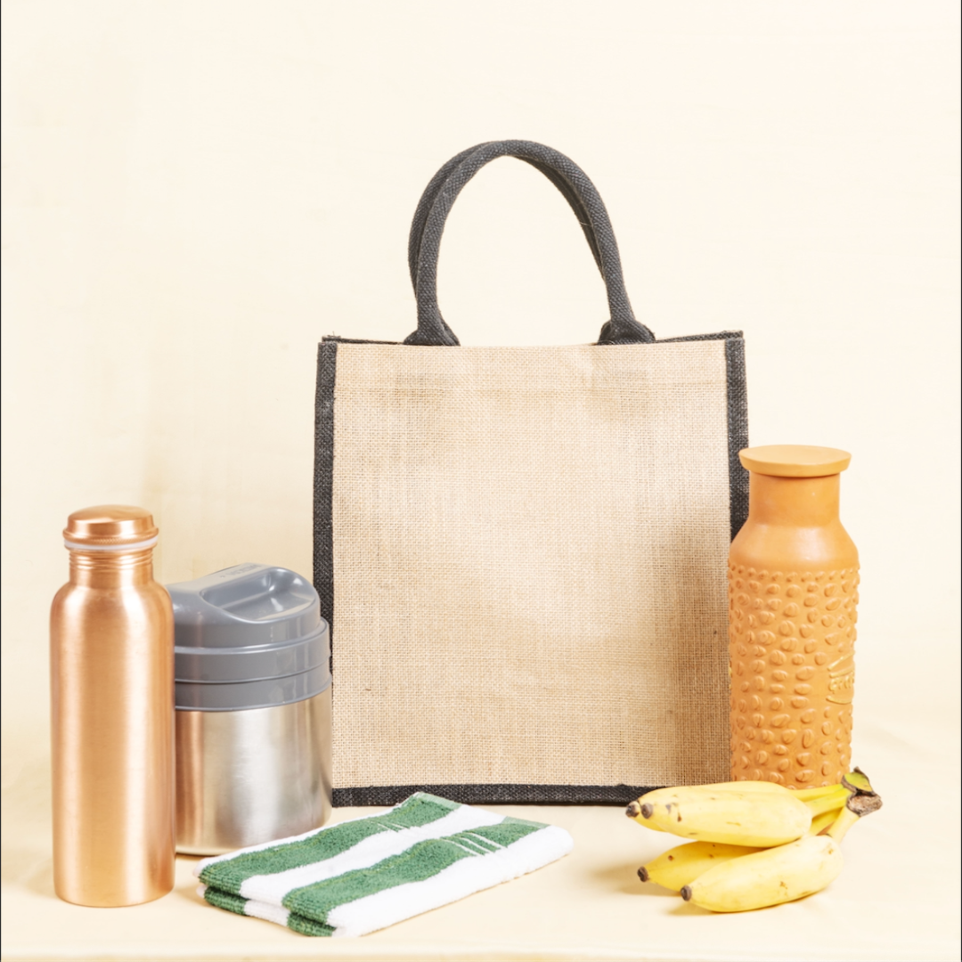 Maroon and Natural Jute Lunch Bag