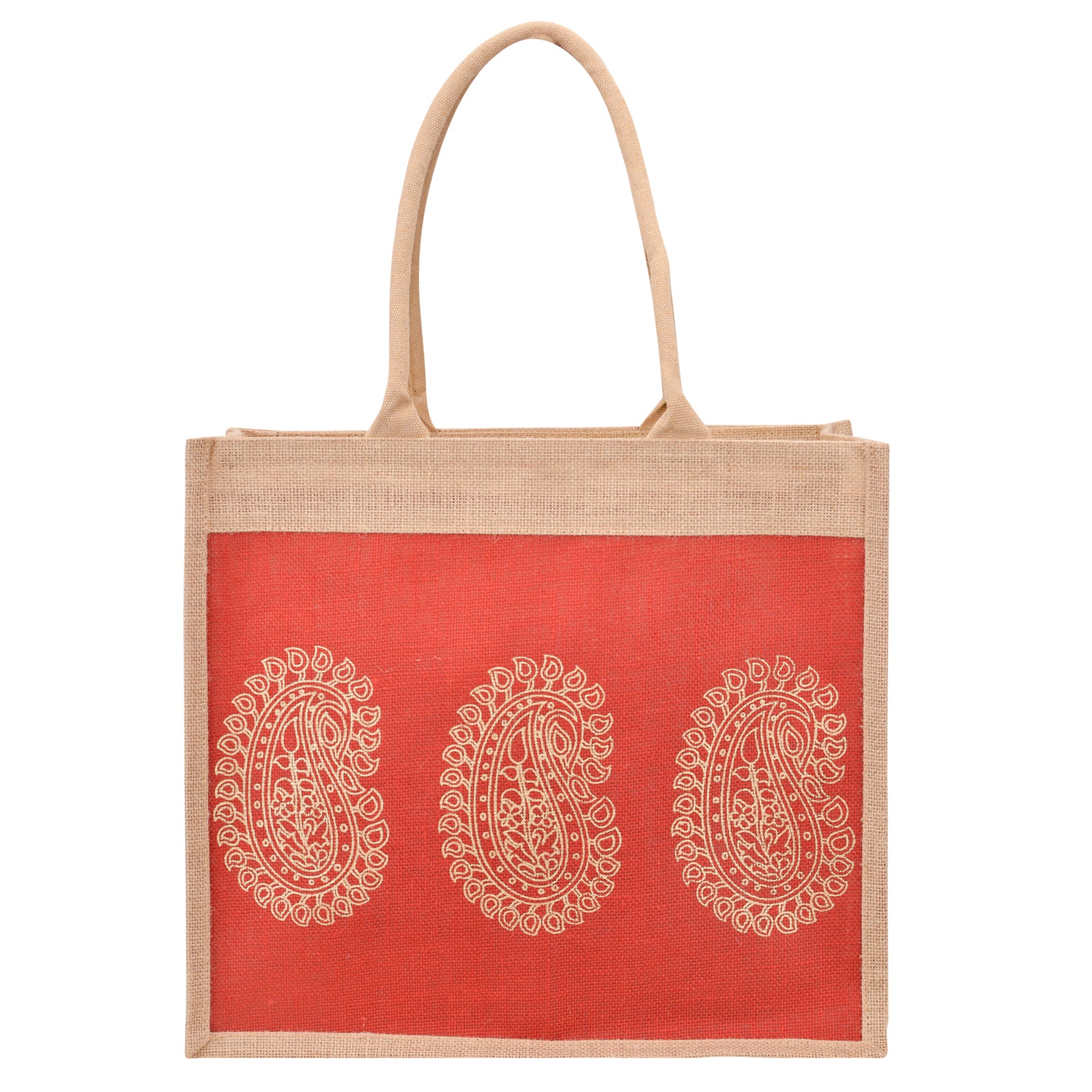 JUTE COTTAGE 3 MANGO PRINT SHOPPING ZIPPER, SUSTAINABLE, ECO-FRIENDLY, 100% GENUINE JUTE, STYLISH (RED 14X16X8)