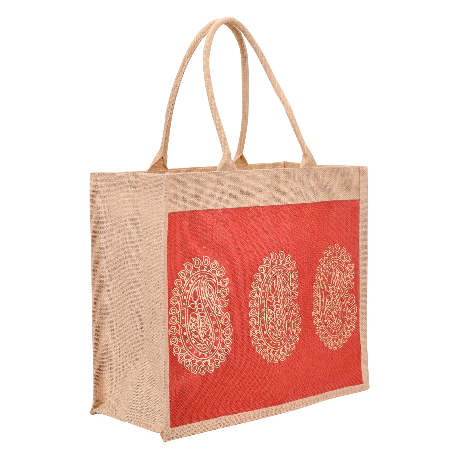 JUTE COTTAGE 3 MANGO PRINT SHOPPING ZIPPER, SUSTAINABLE, ECO-FRIENDLY, 100% GENUINE JUTE, STYLISH (RED 14X16X8)