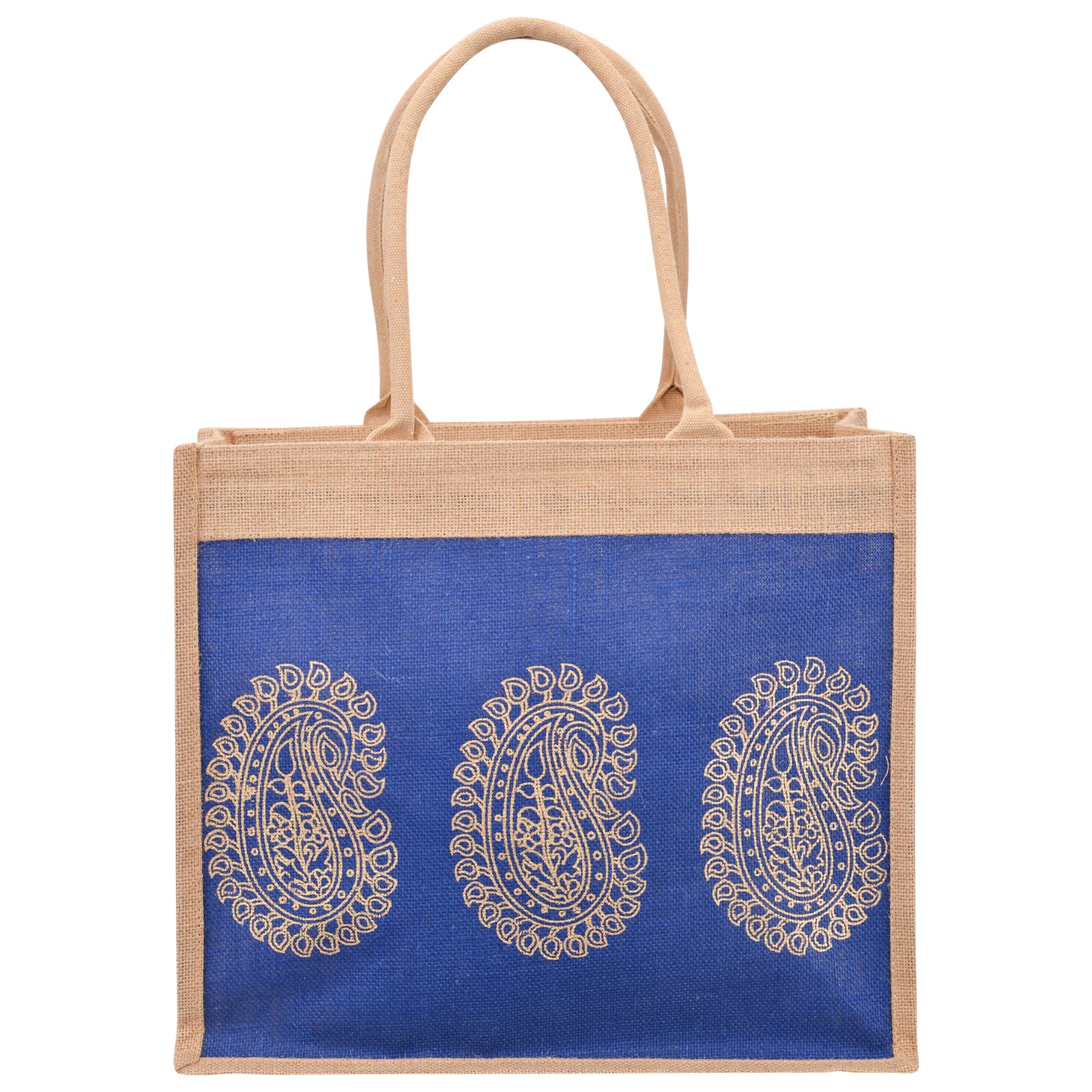 JUTE COTTAGE 3 MANGO PRINT SHOPPING ZIPPER, SUSTAINABLE, ECO-FRIENDLY, 100% GENUINE JUTE, STYLISH (BRIGHT BLUE 14X16X8)