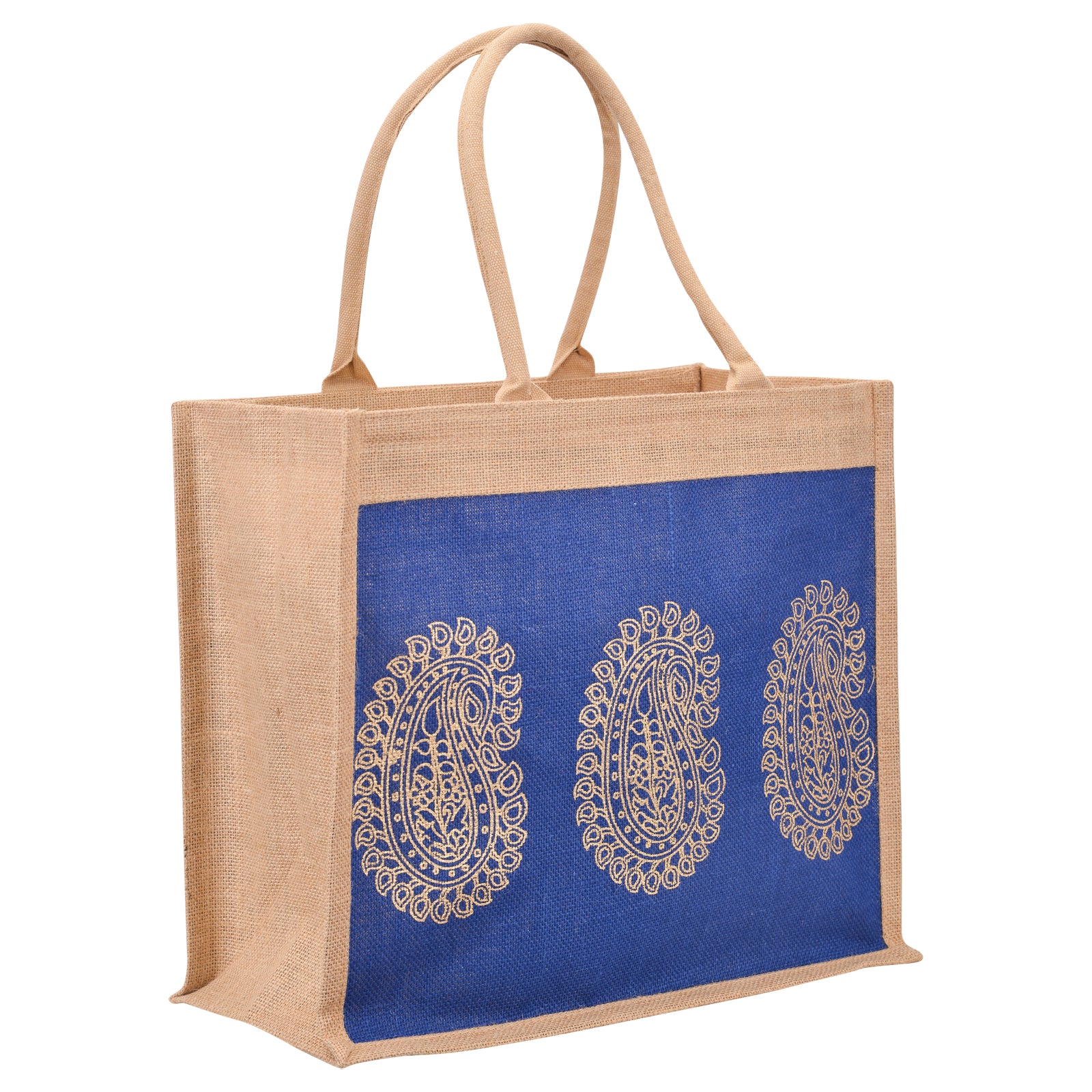 JUTE COTTAGE 3 MANGO PRINT SHOPPING ZIPPER, SUSTAINABLE, ECO-FRIENDLY, 100% GENUINE JUTE, STYLISH (BRIGHT BLUE 14X16X8)