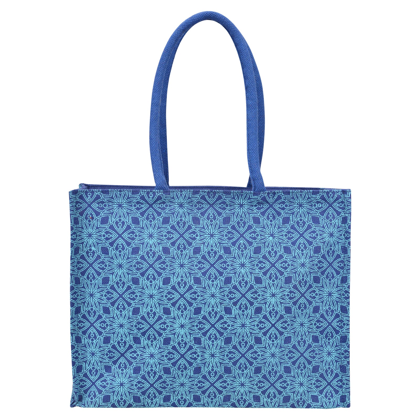 JUTE COTTAGE FLORAL MOTIF SHOPPING ZIPPER, SUSTAINABLE, ECO-FRIENDLY, 100% GENUINE JUTE, STYLISH (BRIGHT BLUE 13X17X7)