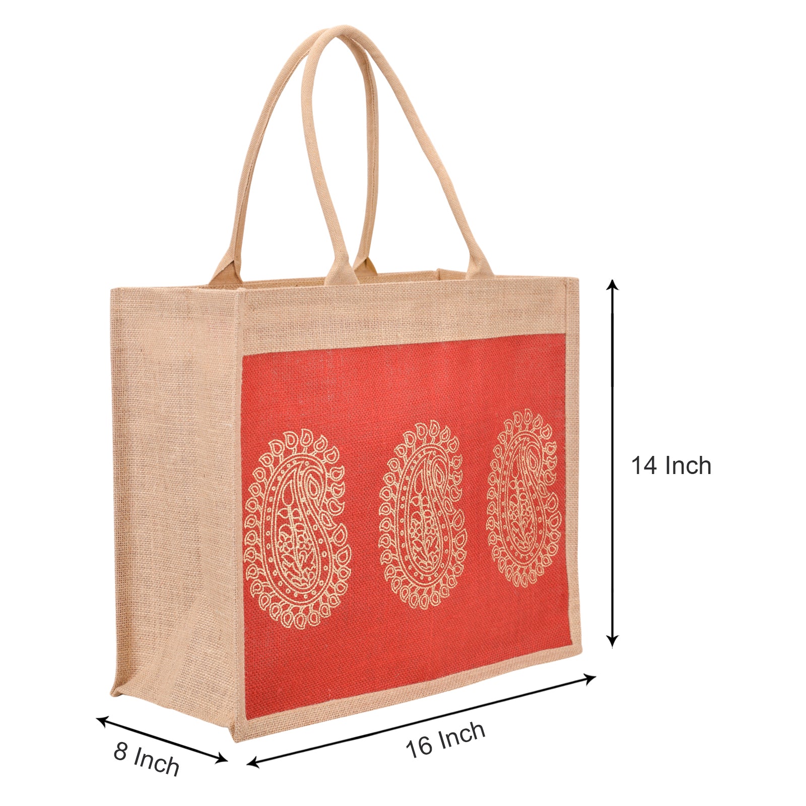 JUTE COTTAGE 3 MANGO PRINT SHOPPING ZIPPER, SUSTAINABLE, ECO-FRIENDLY, 100% GENUINE JUTE, STYLISH (RED 14X16X8)