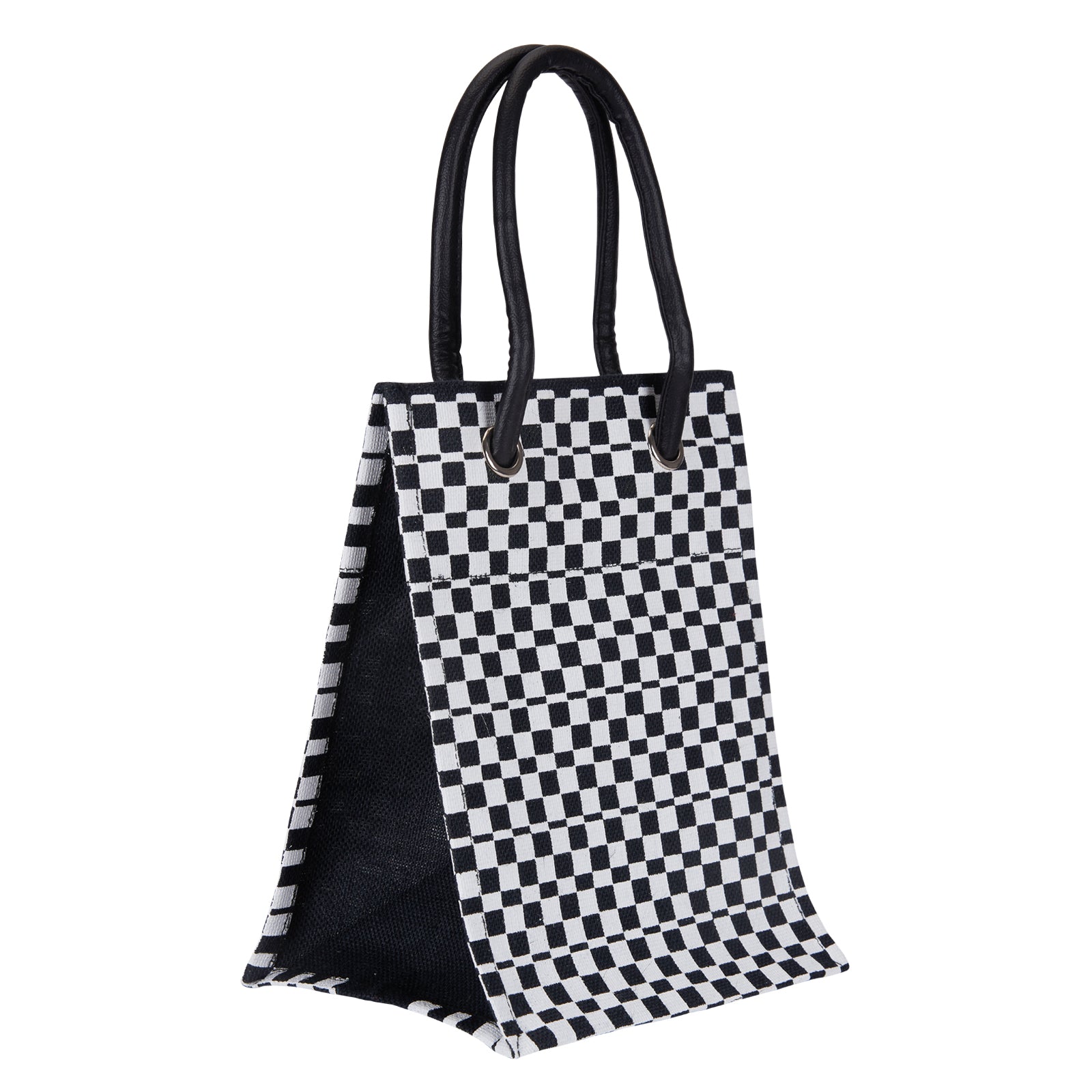 JUTE COTTAGE CHECK PRINT BIG EYELET LUNCH BAG WITH BOTTOM BOARD, SUSTAINABLE, ECO-FRIENDLY, 100% GENUINE JUTE, STYLISH (BLACK/WHITE 13X10X8)