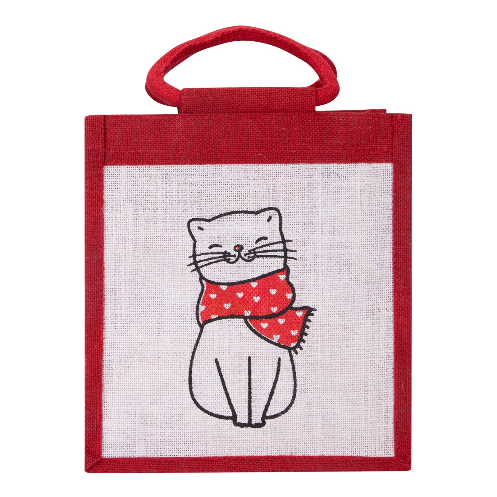 JUTE COTTAGE CAT PRINT ZIPPER LUNCH BAG, SUSTAINABLE, ECO-FRIENDLY, 100% GENUINE JUTE, STYLISH (RED 11X10X7)