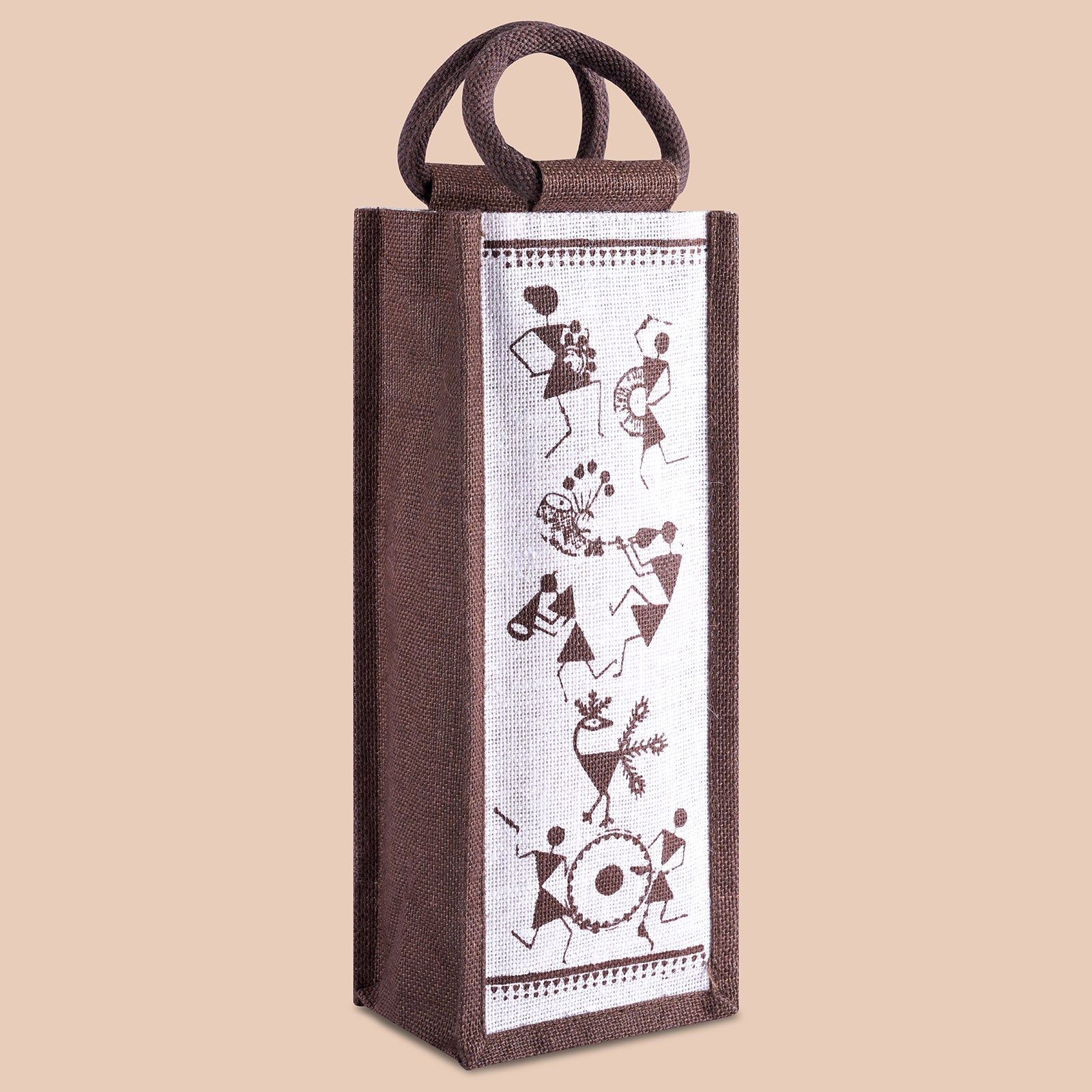 JUTE COTTAGE BOTTLE BAG WARLI PRINT, SUSTAINABLE, ECO-FRIENDLY, 100% GENUINE JUTE, STYLISH (WHITE/BROWN 14X5X4.5)
