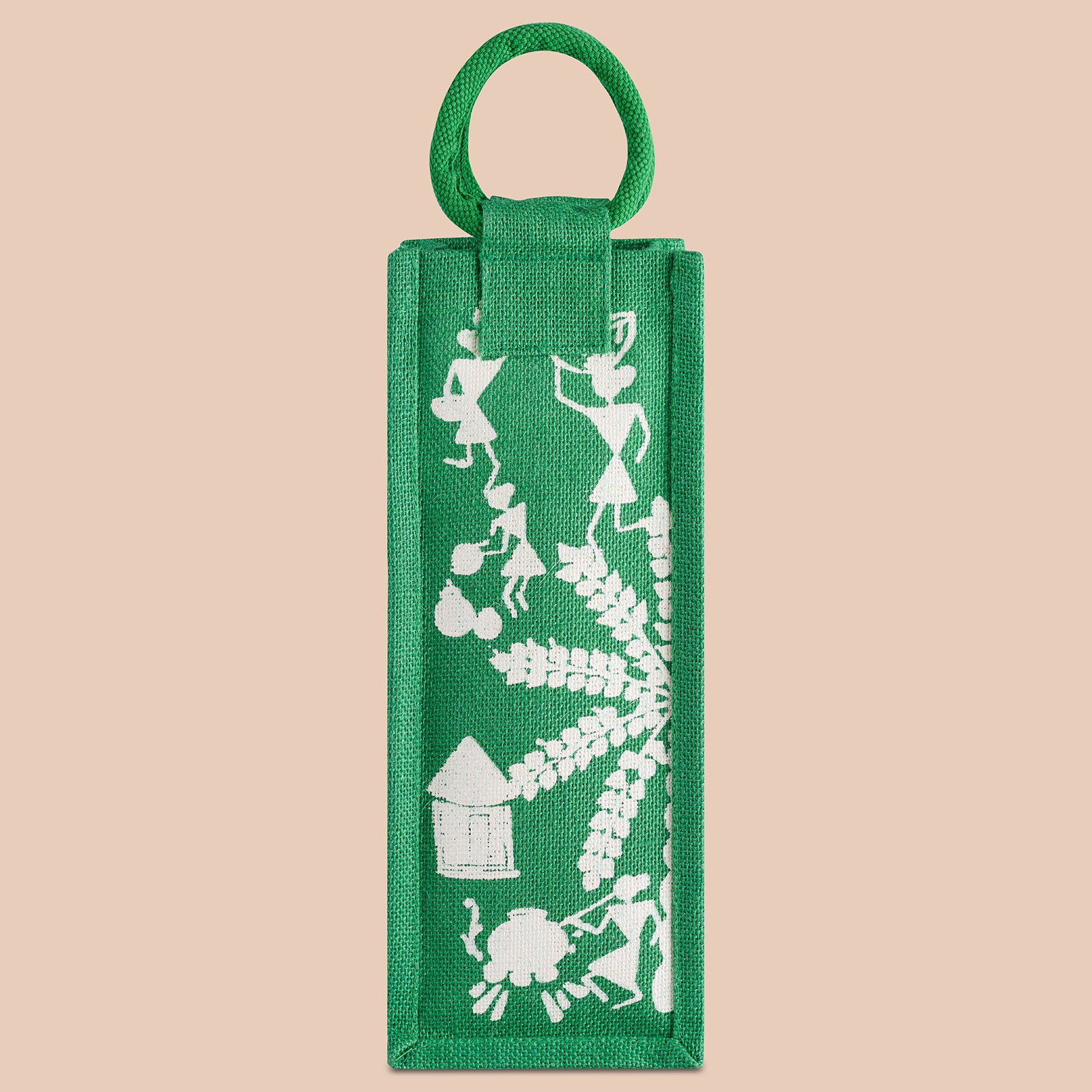 JUTE COTTAGE BOTTLE BAG WARLI PRINT, SUSTAINABLE, ECO-FRIENDLY, 100% GENUINE, STYLISH JUTE BAG (GREEN 14X5X4.5)