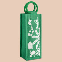 Load image into Gallery viewer, JUTE COTTAGE BOTTLE BAG WARLI PRINT, SUSTAINABLE, ECO-FRIENDLY, 100% GENUINE, STYLISH JUTE BAG (GREEN 14X5X4.5)
