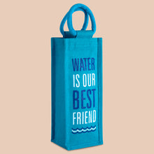 Load image into Gallery viewer, JUTE COTTAGE BOTTLE BAG WATER BEST FRIEND, SUSTAINABLE, ECO-FRIENDLY, 100% GENUINE JUTE, STYLISH (TURQUOISE BLUE 14X5X4.5
