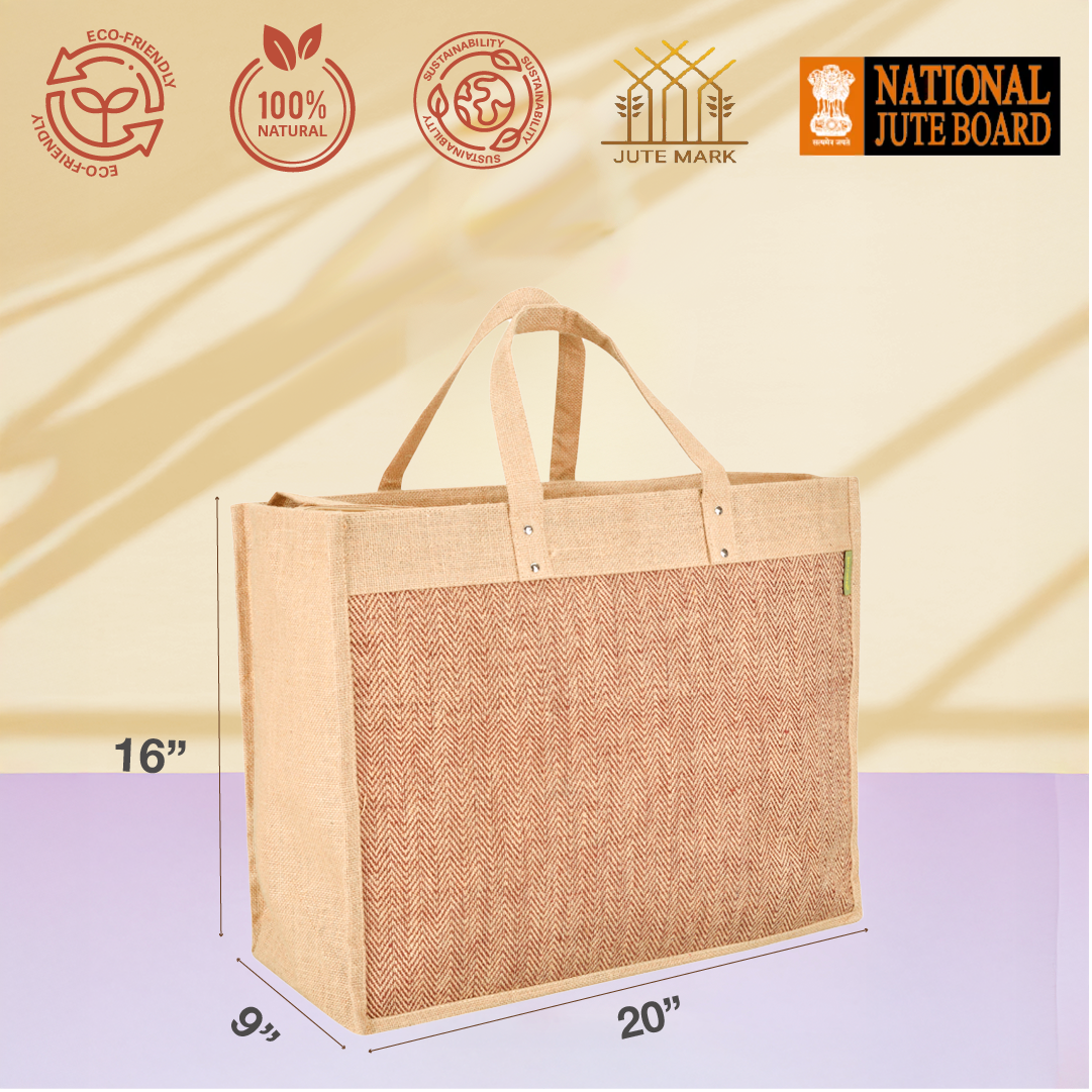 Herringbone Jute Zipper Shopping bag with Bottom board