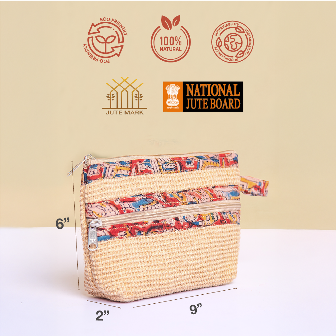 Dobby Kalamkari Jute Pouch - 2 Zip