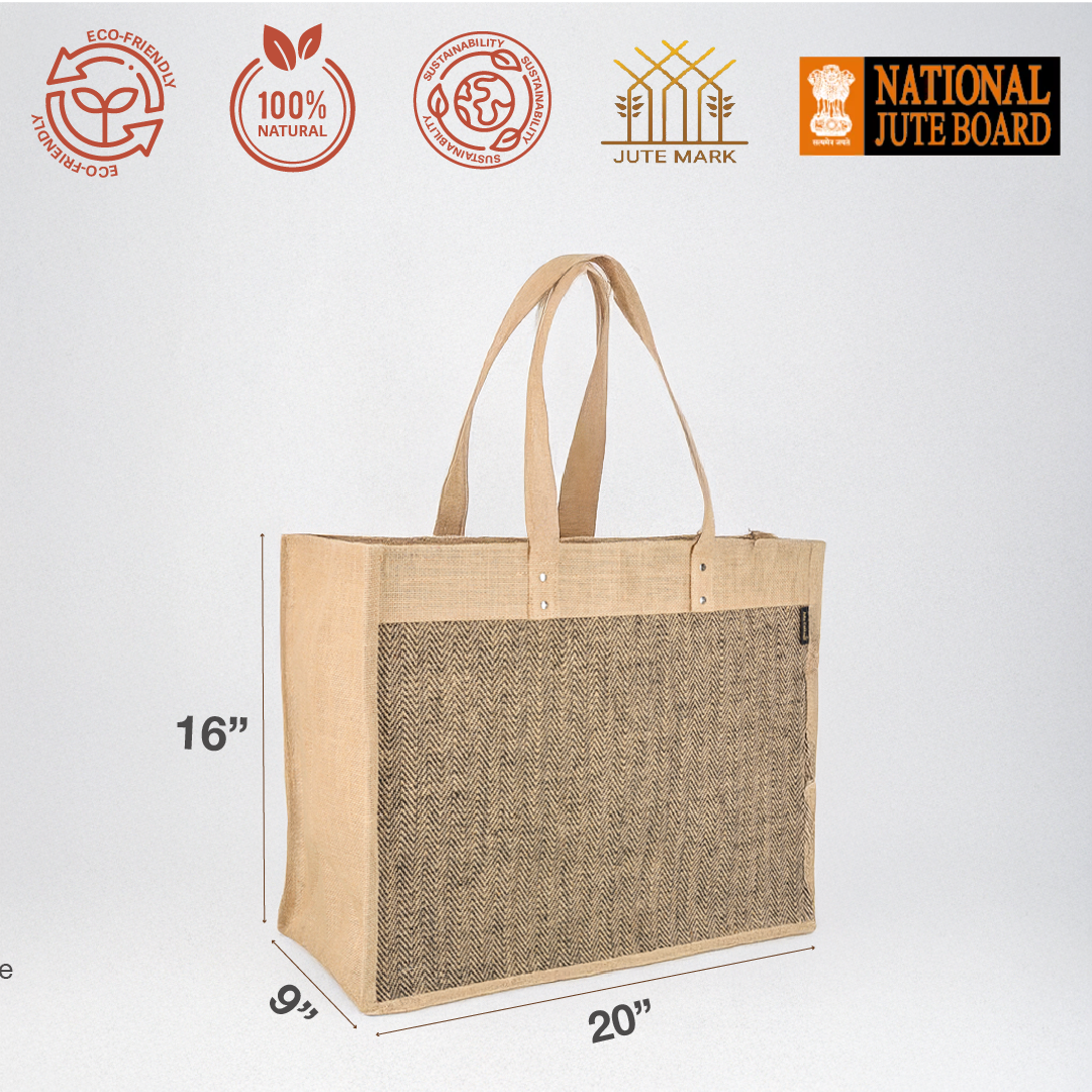 Herringbone Jute Zipper Shopping bag with Bottom board