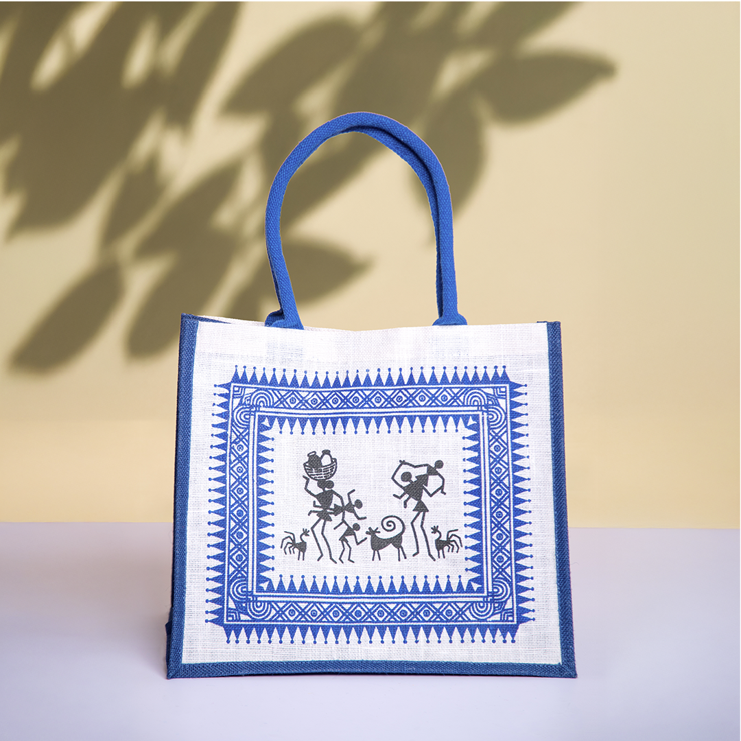 Warli Print Hook and Loop Fastener Jute Shopping Bag