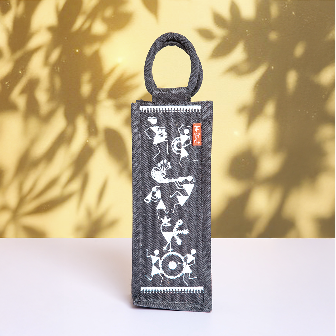 Warli Print Jute Bottle Bag