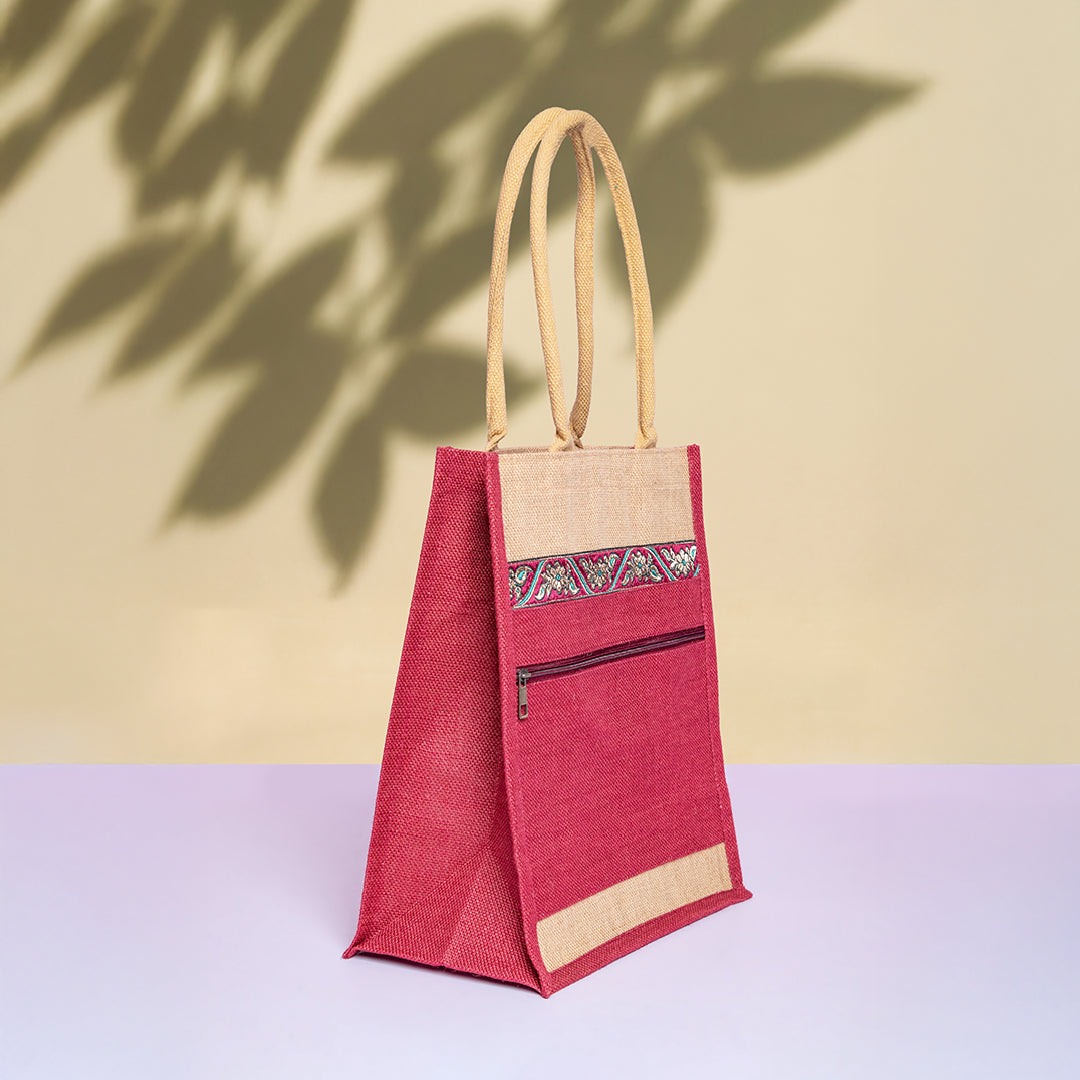 Front Pocket Lace Jute Lunch Bag