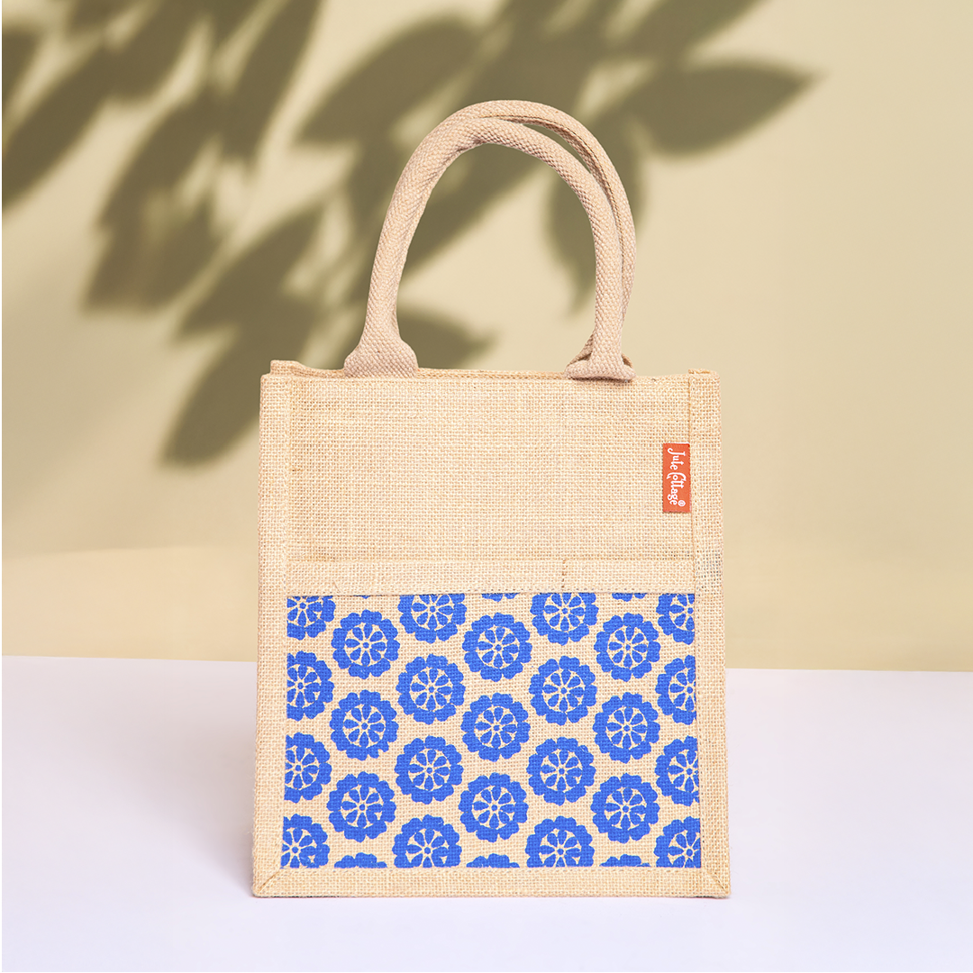 Floral Graphic Jute Lunch Bag with Zipper