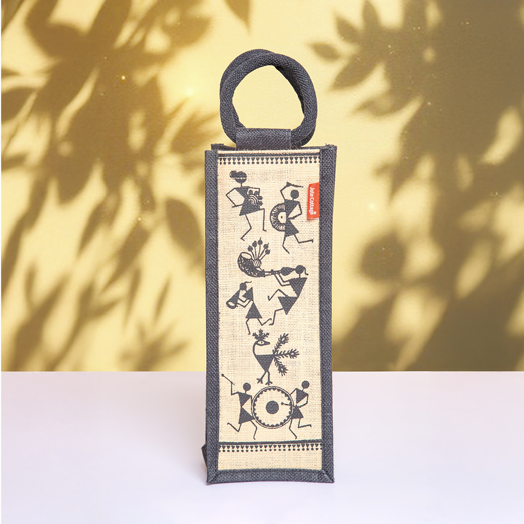 Warli Print Jute Bottle Bag