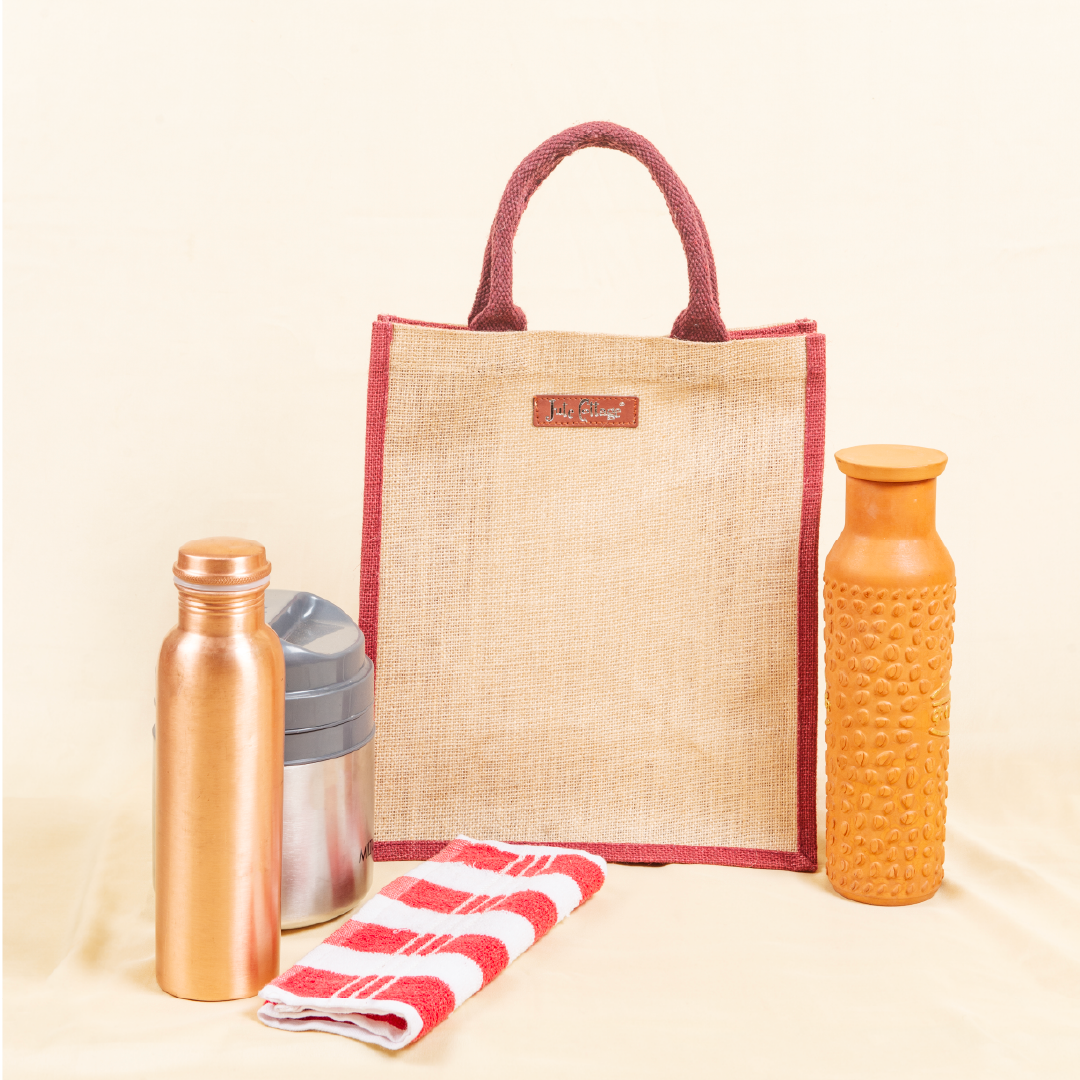 Maroon and Natural Jute Lunch Bag
