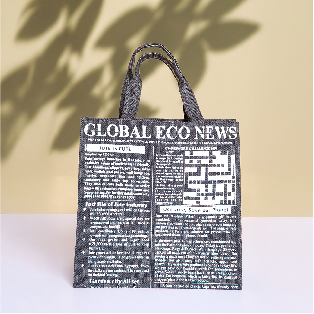 Global Newspaper Print Jute Lunch Bag Medium Black