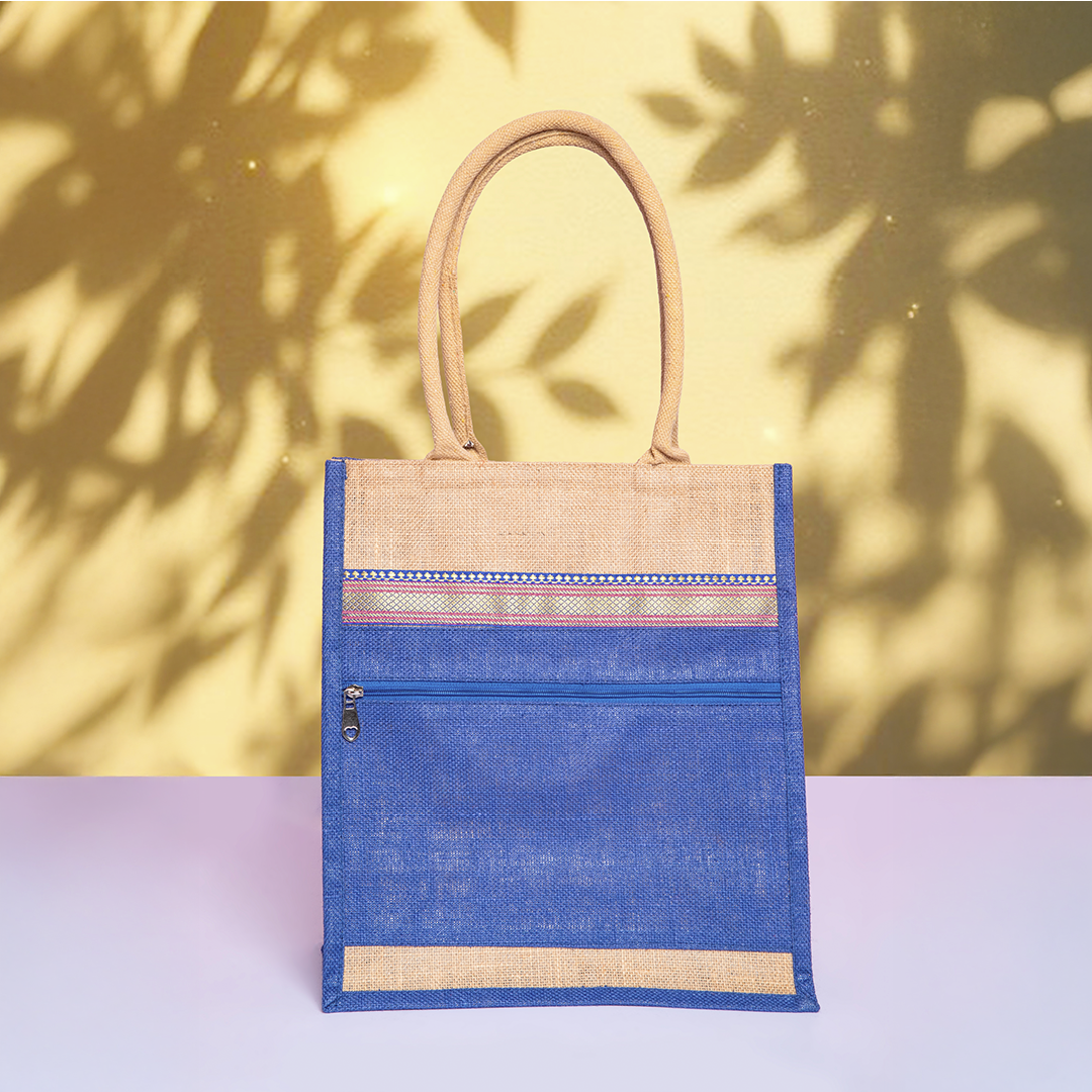 Front Pocket Lace Jute Shopping Bag