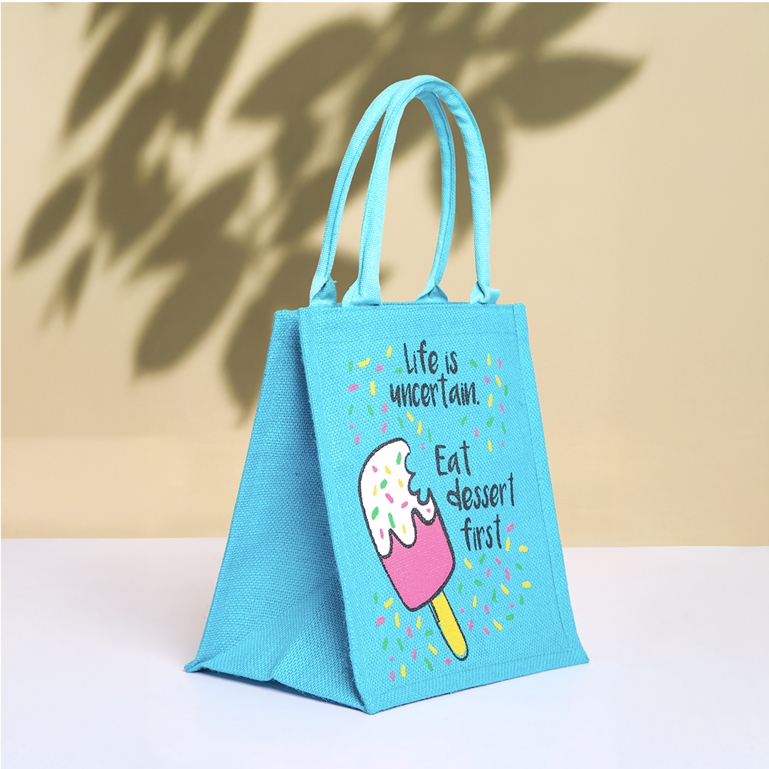 Ice Cream Zipper Jute Lunch Bag