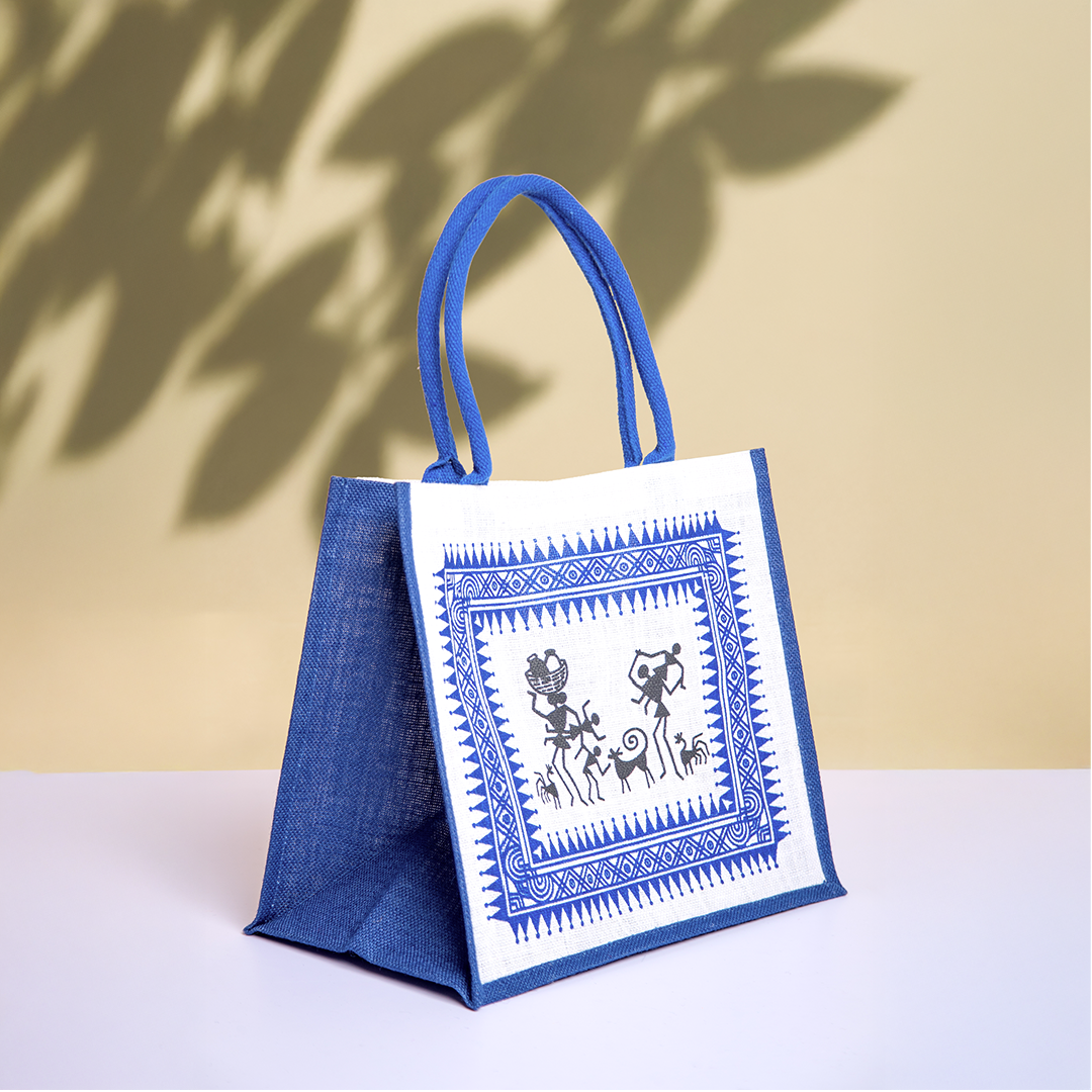Warli Print Hook and Loop Fastener Jute Shopping Bag