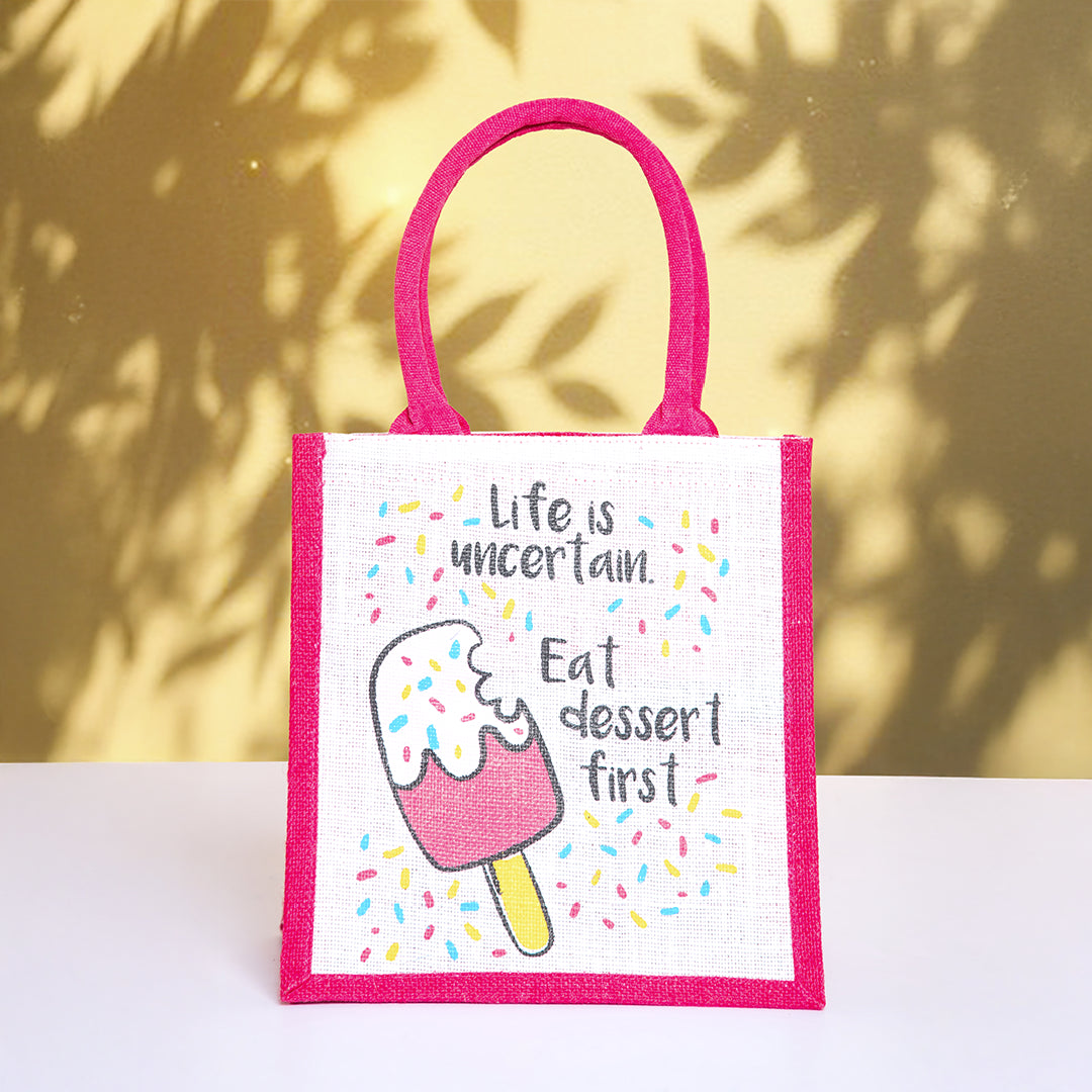 Ice Cream Zipper Jute Lunch Bag