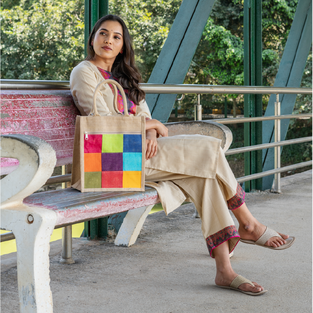 Multicolor Patchwork Jute Lunch Bag