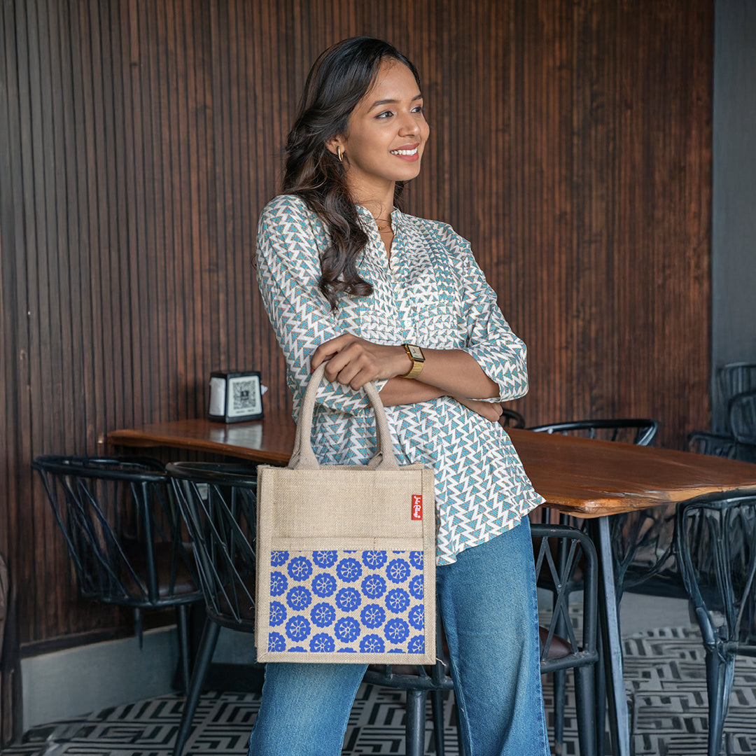 Floral Graphic Jute Lunch Bag with Zipper