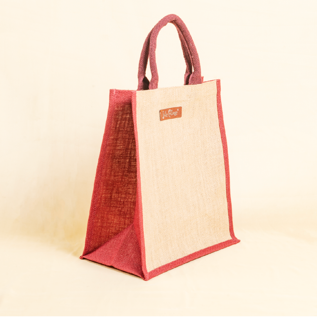 Maroon and Natural Jute Lunch Bag