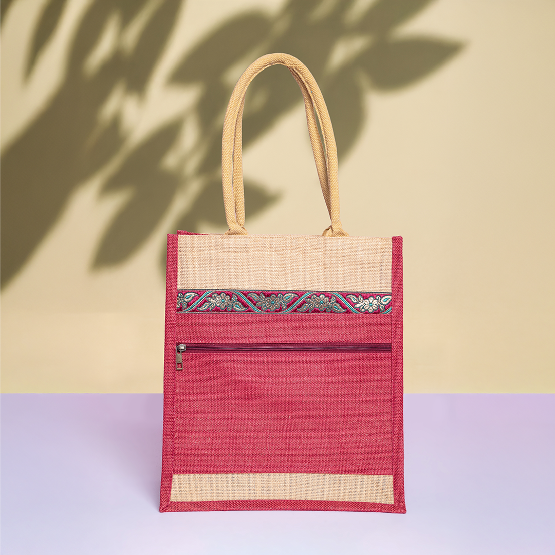 Front Pocket Lace Jute Lunch Bag
