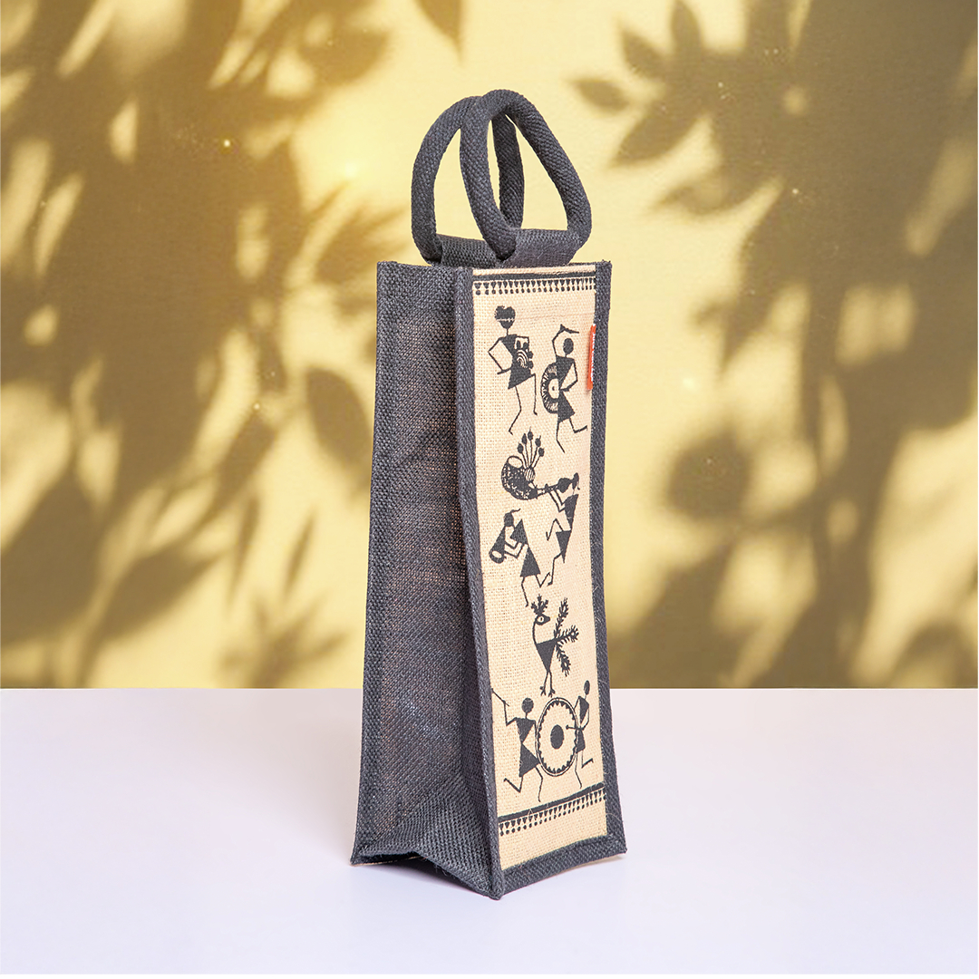 Warli Print Jute Bottle Bag