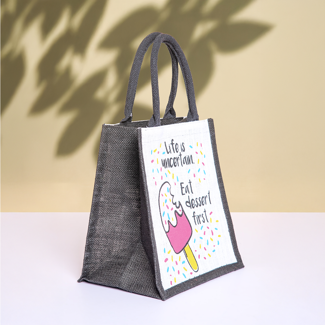 Ice Cream Zipper Jute Lunch Bag