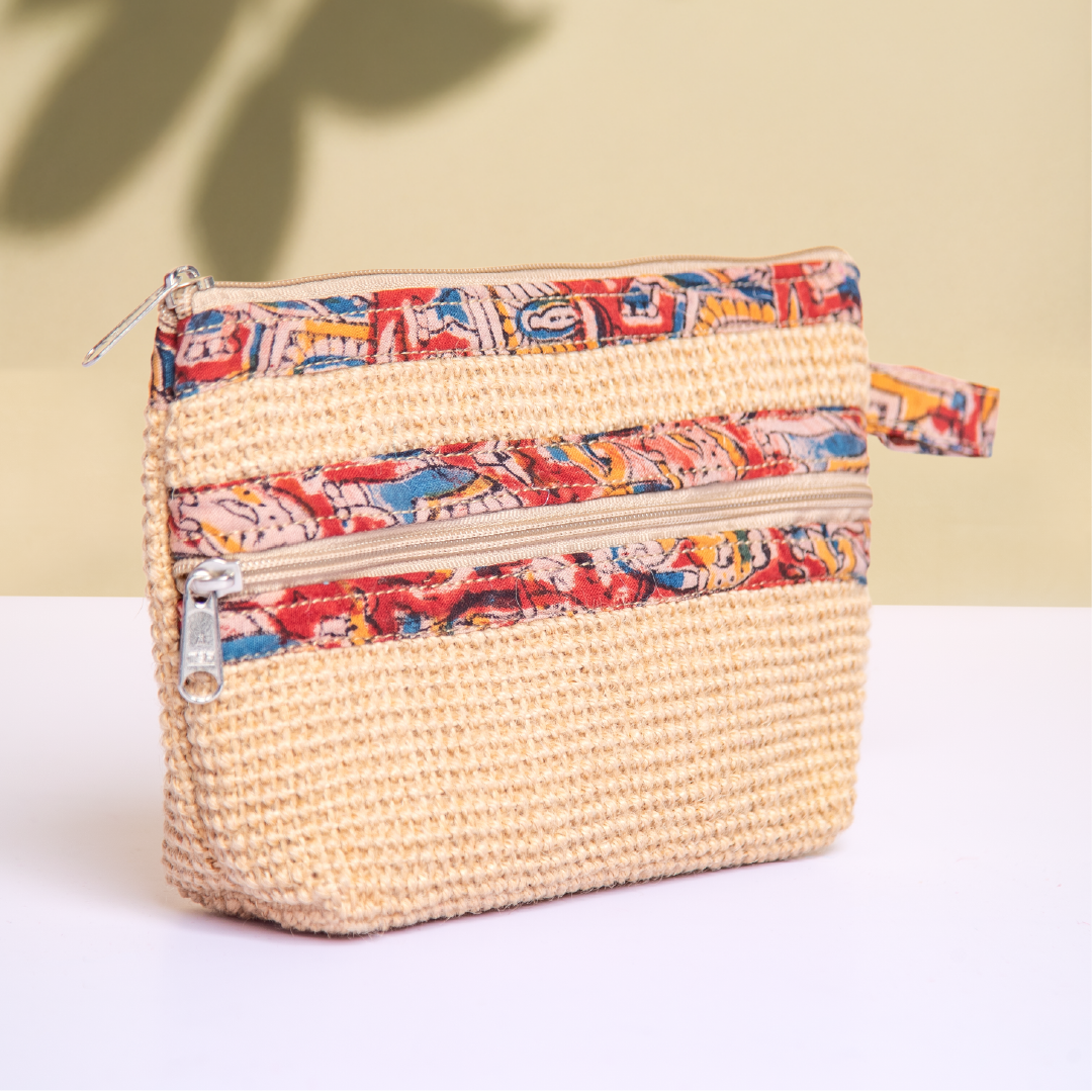 Dobby Kalamkari Jute Pouch - 2 Zip