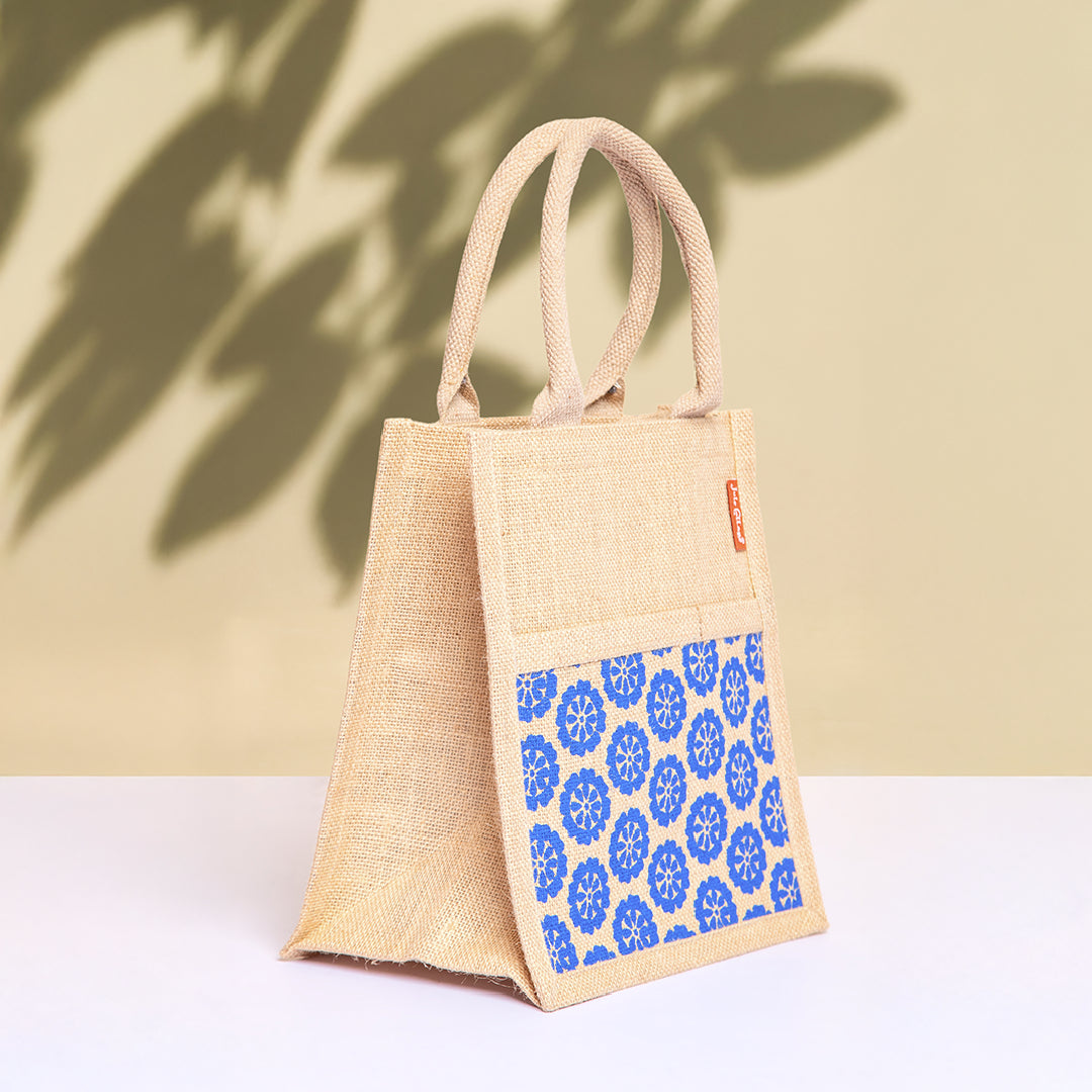 Floral Graphic Jute Lunch Bag with Zipper