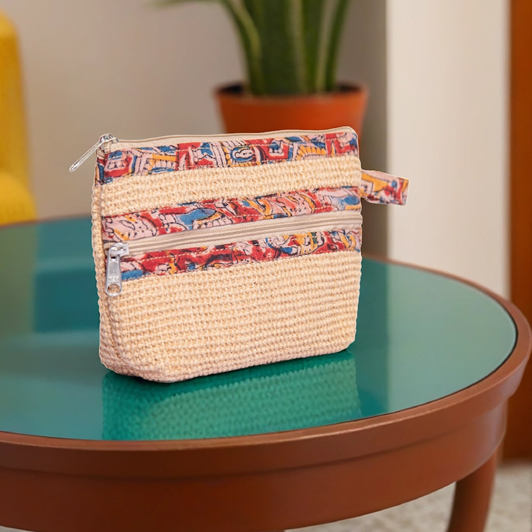 Dobby Kalamkari Jute Pouch - 2 Zip