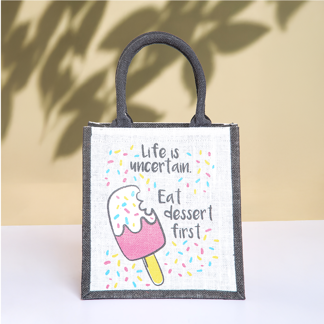 Ice Cream Zipper Jute Lunch Bag