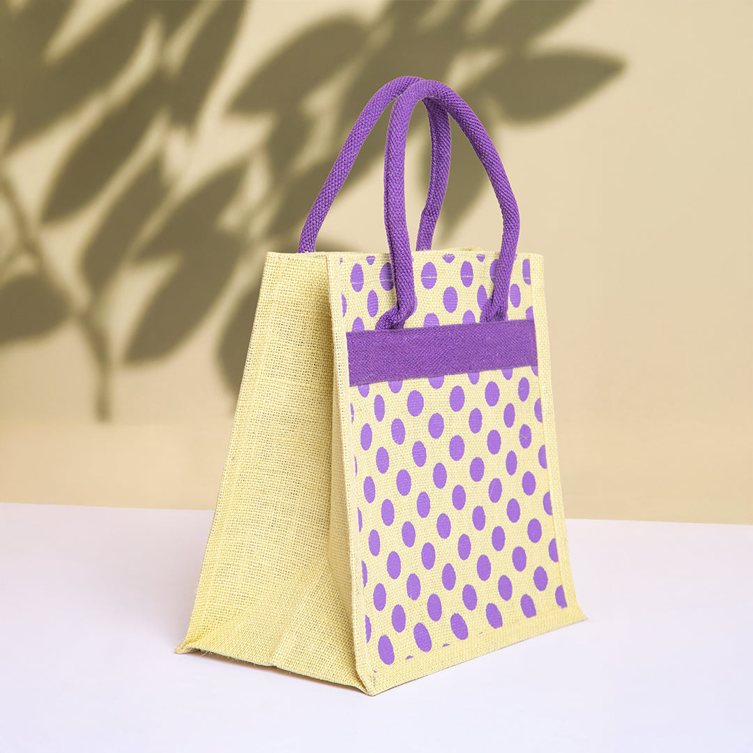 Polka Dot Jute Lunch Bag with Zipper
