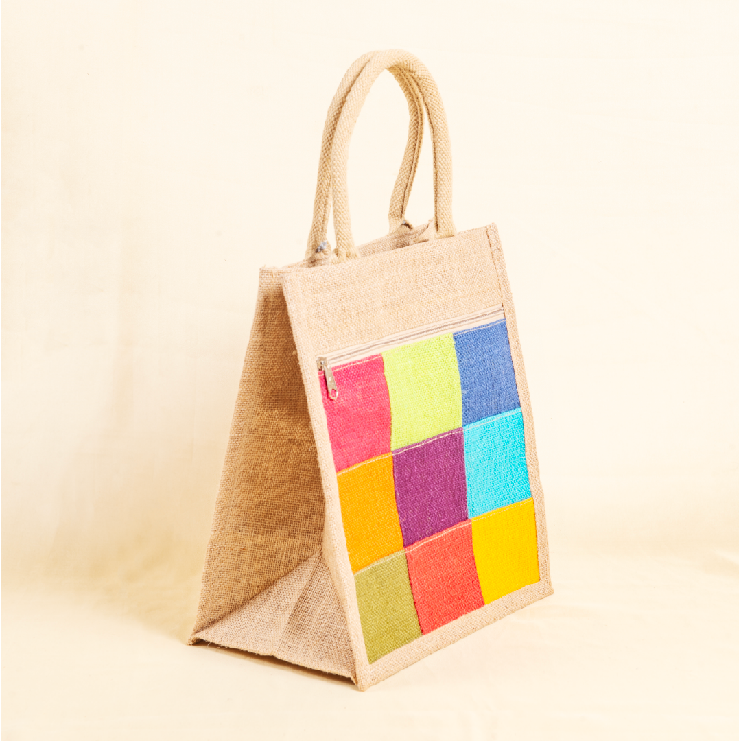 Multicolor Patchwork Jute Lunch Bag